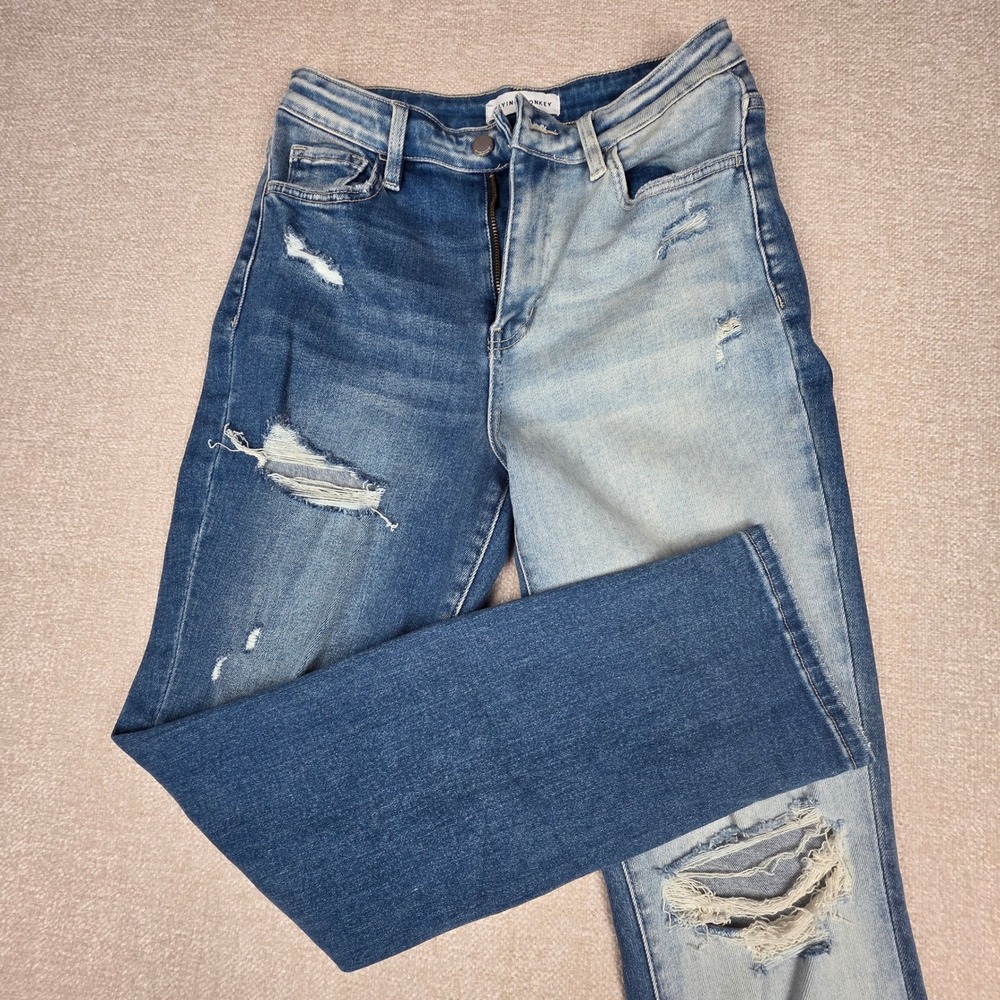 Flying Monkey Two Tone Distressed Straight Leg Jeans Blue Colorblock Size 27